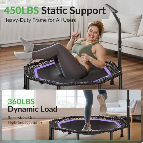 BCAN BT3 51" Octagonal Rebounder Trampoline for Adults, 450LBS Max Load Fitness Trampoline with Large Jumping Area, Silent Bungee Mini Trampoline with T-Adjustable Handle for Home Gym