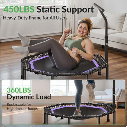 BCAN BT3 51" Octagonal Rebounder Trampoline for Adults, 450LBS Max Load Fitness Trampoline with Large Jumping Area, Silent Bungee Mini Trampoline with T-Adjustable Handle for Home Gym