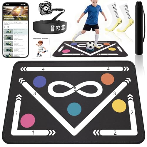 2F22E Soccer Training Mat for Kids & Youth, Non-Slip Silent Footwork Training Equipment with Soccer Bounce Trainer & Socks, Ball Mastery Skills Mat with Instructional Video for Indoor Practice