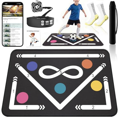 2F22E Soccer Training Mat for Kids & Youth, Non-Slip Silent Footwork Training Equipment with Soccer Bounce Trainer & Socks, Ball Mastery Skills Mat with Instructional Video for Indoor Practice