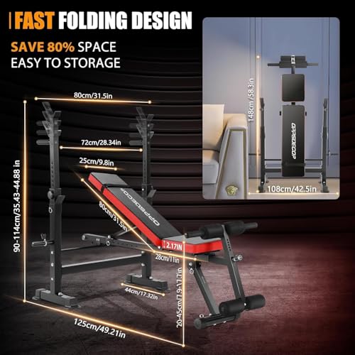OPPSDECOR Adjustable Weight Bench Set With Removable Rowing Leg Catch, 600LBS Foldable Bench Press Set with Squat Rack Flat Incline Sit Up Workout Bench for Home Gym Strength Training