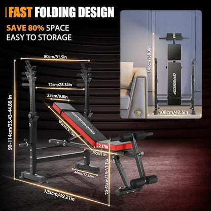 OPPSDECOR Adjustable Weight Bench Set With Removable Rowing Leg Catch, 600LBS Foldable Bench Press Set with Squat Rack Flat Incline Sit Up Workout Bench for Home Gym Strength Training