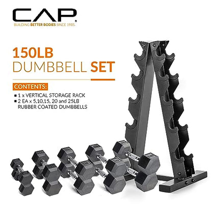 CAP Barbell 150 LB Coated Hex Dumbbell Weight Set with Vertical Rack | Multiple Options