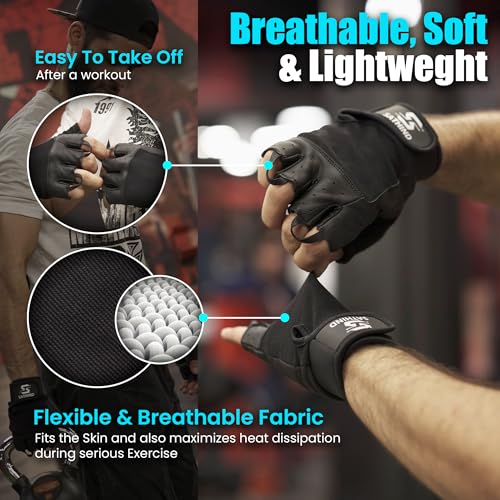 Leather Workout Gloves for Men & Women – Anti-Slip Weightlifting, Gym, and Cycling Gloves with StretchBack Mesh, Full Palm Protection Extra Grip for Fitness & Cross-Training Gloves