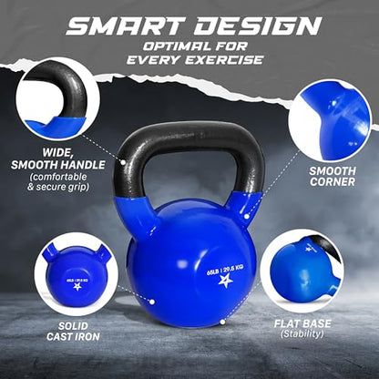 Yes4All Kettlebell, 5-100 LB Vinyl Coated Cast Iron Strength Training Kettlebells for Home Gym Exercises, Fitness, Full Body Workout Equipment, Push Ups, and Grip Strength - color: M. 60LB - Dark Blue, style: Vinyl Coated
