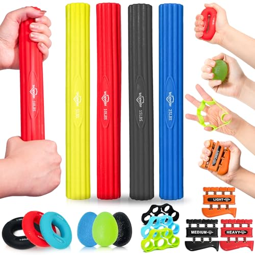 DICYWUDI Flex Therapy Bar and Grip Strength Trainers set, Physical Therapy & Resistance Bar for Golfers Elbow,Tendinitis,Wrist,Forearms Pain, Improve Grip Strength and Relieve Pain - color: 16pcs Black Sets+finger Exerciser Sets
