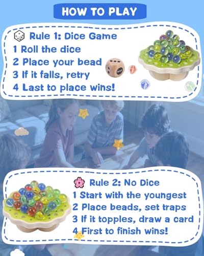 Wooden Marble Balance Game for Kids 6+ and Adults, Wobble Stacking Board 1–4 Players Family Game, 68 Glass Marbles, Dice, Challenge Cards, Party & Travel Game