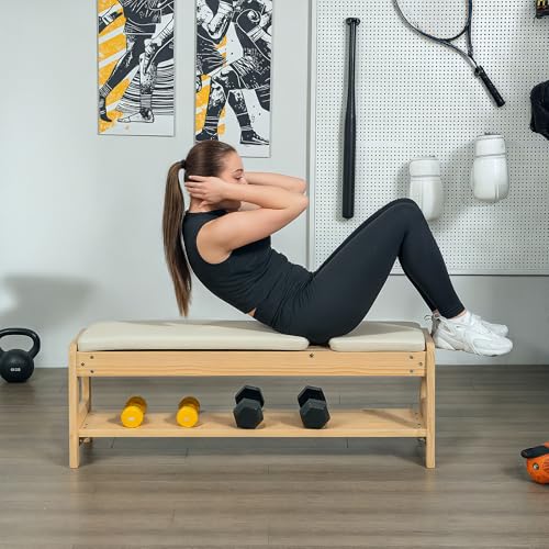 Soozier Adjustable Weight Bench with Dumbbell Rack, Wooden Workout Bench, Flat or Incline Bench for Home Gym Weight Lifting Training - color: White