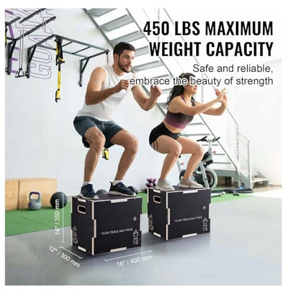 Plyometric Jump Box 3-in-1, 16/14/12 Inch Wooden Plyo Box - Fitness Agility Platform for Home Gym, Strength & Conditioning Training, Black