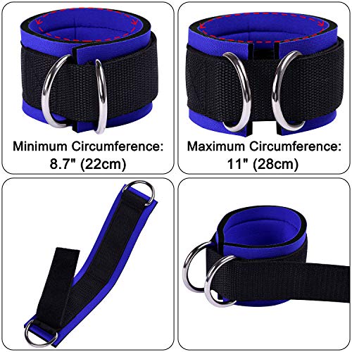1 Pair of Fitness Ankle Straps for Cable Machine - Double D-Ring, Adjustable Comfort fit Neoprene - for Men and Women - color: Blue