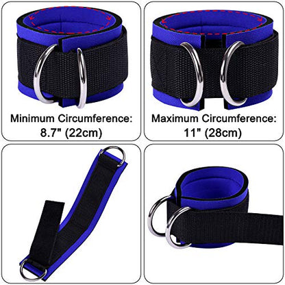 1 Pair of Fitness Ankle Straps for Cable Machine - Double D-Ring, Adjustable Comfort fit Neoprene - for Men and Women - color: Blue