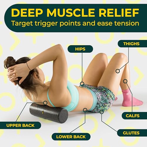 Deep Recovery Yoga Foam Roller for Physical Therapy & Exercise – Black Back Roller for Back Pain, Legs, and Shoulders, 12in x 4in Travel Size – Deep Tissue Massage for Myofascial Release