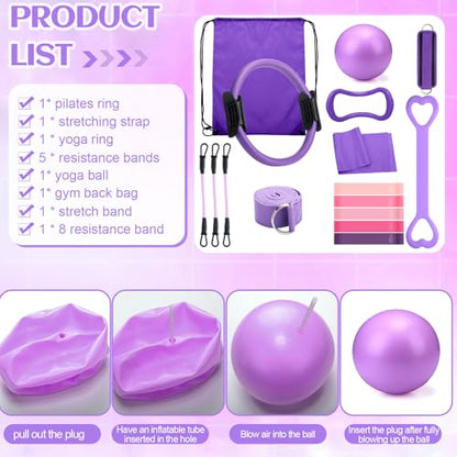 RoundFunny Set of 18 Pilates Ring Essential Kit for Women Pilates Ring and Ball Ankle Resistance Band Yoga Strap Socks Mat Arm Stretcher Latex Tube Gym Back Bag Exercise Equipment for Workout - color: Purple
