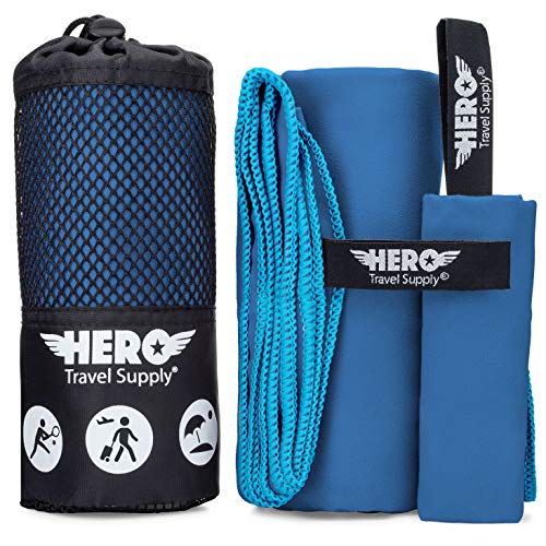 Hero Microfiber Towel, Camping, Beach, Gym, Includes Bonus Washcloth (Blue, 24" x 48")