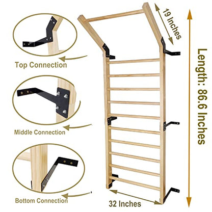 Swedish Ladder,Gymnastics Stall Bar, Wall Mounted Pull Up Bar- Solid Wood With11 Strategic Rods-86.6 Inches Height, 32 Inches Width, Indoor Gym Workout Yoga