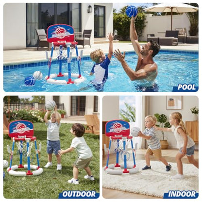 HYES 2 in 1 Pool Basketball Hoop with Ring Toss, Floating Pool Toys, Red - style: with backboard