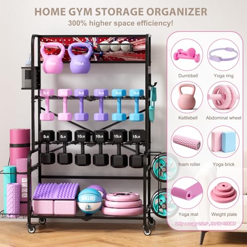 Heavy Duty Dual-Row Dumbbell Rack with Wheels, Home Gym Vertical Storage Stand with Yoga Mat Storage, Space Saving Fitness Equipment Organizer for Home Workout