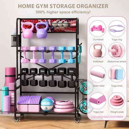 Heavy Duty Dual-Row Dumbbell Rack with Wheels, Home Gym Vertical Storage Stand with Yoga Mat Storage, Space Saving Fitness Equipment Organizer for Home Workout