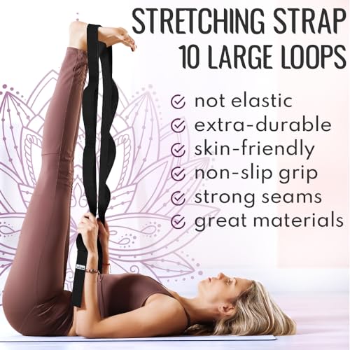 Stretching Strap with 10 Loops – Non-Elastic Yoga Strap for Physical Therapy – Stretch Band for Hamstring, Leg, Hip & Knee Rehab – Pilates, Flexibility & Mobility Exercise for Men & Women