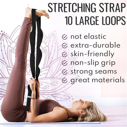 Stretching Strap with 10 Loops – Non-Elastic Yoga Strap for Physical Therapy – Stretch Band for Hamstring, Leg, Hip & Knee Rehab – Pilates, Flexibility & Mobility Exercise for Men & Women