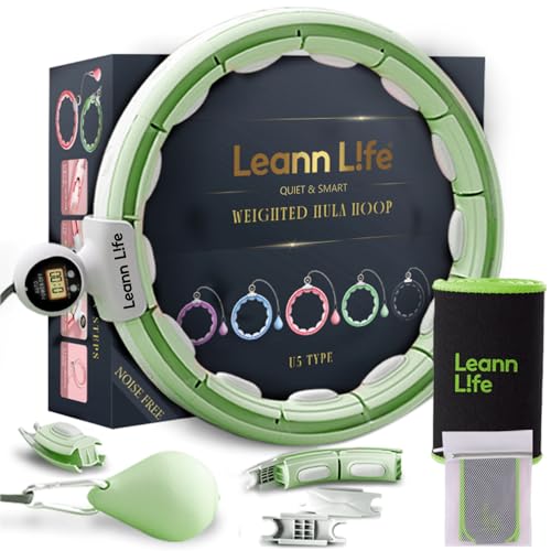U5 Smart Weighted Hula Hoop with Counter, Waist Trimmer & Wash Bag –16 Knots, 28"–46" Adjustable Infinity Hoop Plus Size, Quiet Rubberized Wheels, Abdominal Toner - color: Green + Waist Trimmer