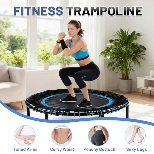 40"/48" Fitness Rebounder Trampoline with 4-Level Adjustable Foam Handle, Quiet and Stable Exercise Trampoline for Kids Adults, Indoor/Outdoor Mini Trampoline - color: Blue