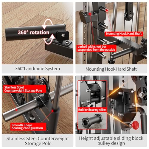 Multi-Purpose Squat Rack,Smith Machine Weight Rack Set with Cable Crossover System, Home Gym Power Racks, Power Racks and Packages - color: L05, size: Power cage Red+bench+(pole+Cast lron)338LBS