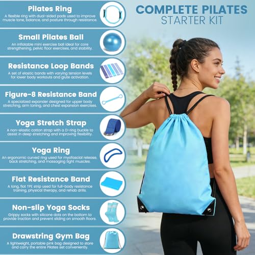 Pilates Kit for Women 13PCS, Pilates Ring and Ball Set with Magic Circle, Resistance Bands Set, Figure 8 Band, Yoga Ring & Grip Socks, Home Workout Equipment Essentials Starter Kit for Beginners - color: Blue
