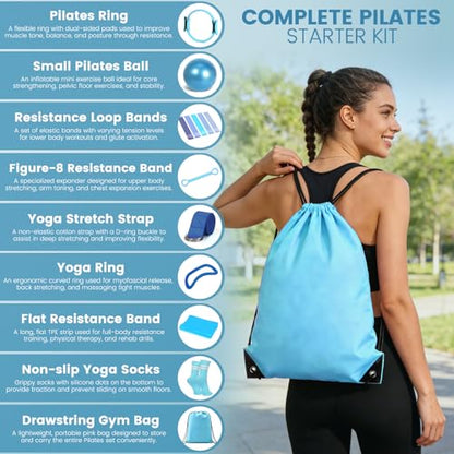 Pilates Kit for Women 13PCS, Pilates Ring and Ball Set with Magic Circle, Resistance Bands Set, Figure 8 Band, Yoga Ring & Grip Socks, Home Workout Equipment Essentials Starter Kit for Beginners - color: Blue
