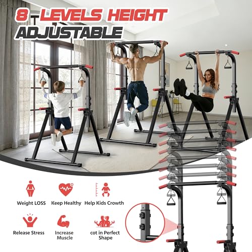 Foldable Pull Up Bar Free Standing Power Tower, 82.9" Adjustable Height Dip Station for Home Gym, Heavy Duty Alloy Steel Strength Training Equipment with Resistance Straps, 350LBS Capacity