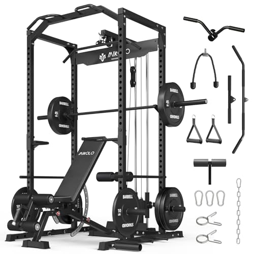 Mikolo F4 2.0 Power Cage with Dual-Track Smooth Pulley System, 1200LBS Power Rack with Leg Hold-Down for Heavy LAT Pulldowns - color: Black, size: F4 2.0 (with Bench＆Bar＆230LB BP）