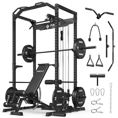Mikolo F4 2.0 Power Cage with Dual-Track Smooth Pulley System, 1200LBS Power Rack with Leg Hold-Down for Heavy LAT Pulldowns - color: Black, size: F4 2.0 (with Bench＆Bar＆230LB BP）