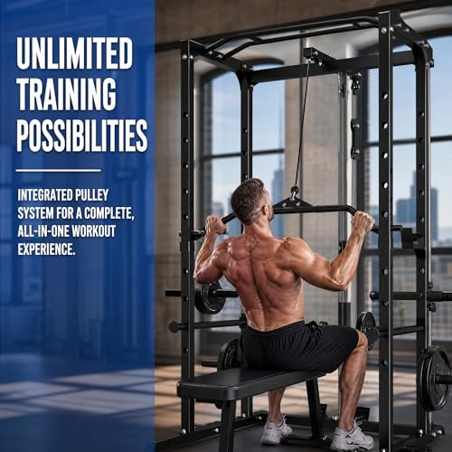 KOPUS Power Rack with Pulley System – Multi-Functional Power Cage Squat Rack, LAT Pull Down, J Hooks & Safety Bars – 1200 lbs Home Gym Equipment – 5 Configurations - size: Cage + Pulley + Bench