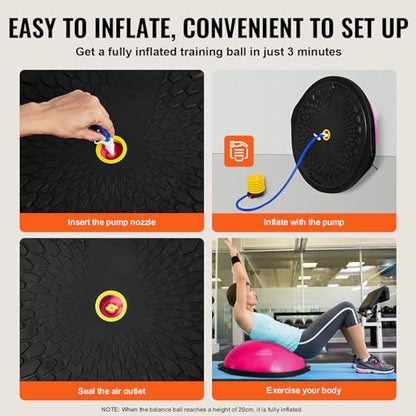 VEVOR Half Exercise Ball Trainer, 23/26 inch Balance Ball Trainer, 1500lbs Capacity Stability Ball, Yoga Ball with Resistance Bands & Foot Pump, Strength Fitness Ball for Home Gym Full Body Workout - color: 26" Ripple Pink