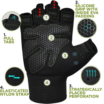 RDX Weight Lifting Gloves Gym Fitness Workout, Anti Slip Padded Full Palm Protection, Ultra Ventilated, Bodybuilding Strength Training HIIT WOD Exercise, Half Finger Men Women Cycling Rowing Climbing - color: Army Green, size: Medium