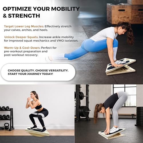 3-in-1 Adjustable Slant Board & Balance Board - Wooden Calf Stretcher and Squat Wedge - 5 Angle Incline Board for Stretching Equipment & Exercise - Includes Resistance Band - (400LBS)