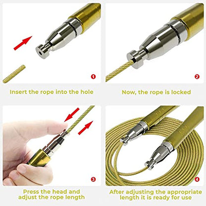 Jump Rope Pro Speed Skipping Rope Adjustable Adult Jumping Rope Weighted Aluminium Handles for Double Dutch Boxing Workout Crossfit Exercise Fitness Spare Cable Weights Protectors Carry Bag - color: Golden