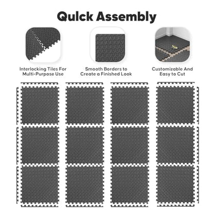Home Gym Mat, Puzzle Exercise Mat, EVA Interlocking Foam Floor Tiles for Home Workout Equipment and Kids' Play Areas - Black, 24 in x 24 in x ½ in - 12 Tiles (Black, 12 Pack, 48 SQ FT)
