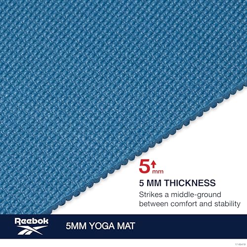 Reebok 5mm Solid Yoga Mat 68" x 24" Non-Slip, Lightweight, Foldable, and Durable Exercise Mat with Carry Strap for Home Workout, Yoga, Pilates, Fitness, and Outdoor Training
