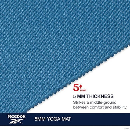 Reebok 5mm Solid Yoga Mat 68" x 24" Non-Slip, Lightweight, Foldable, and Durable Exercise Mat with Carry Strap for Home Workout, Yoga, Pilates, Fitness, and Outdoor Training