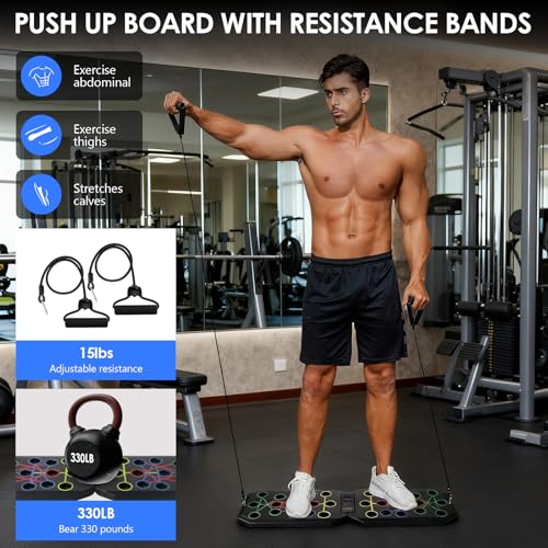 Push Up Board with Resistance Bands, Foldable Push Up Bar with Counter/Timer, Multi-function Push-Up Stand Home Workout Equipment with Handles for Fitness Burn Fat Chest Strength Training