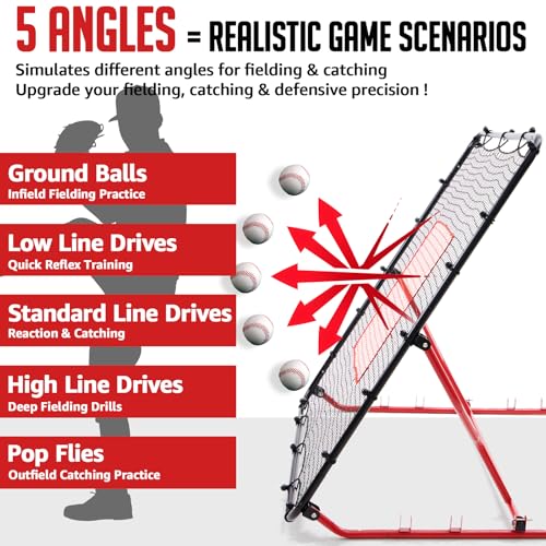 Baseball Rebounder Net, 3/5 Adjustable Angles 4x4.5FT Pitch Back Baseball Softball Volleyball Rebounder with 2 Strike Zones, UV Resistant, Pitchback Trainer for Ground, Line Drive & Fly Balls - style: 5 Angles Adjustable