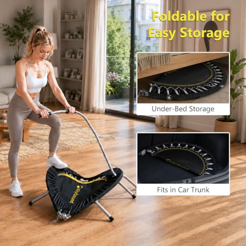 SkyBound Mini Rebounder Trampoline for Adults Foldable Fitness Rebounder with Adjustable T-Bar Handle - 40" Exercise Trampoline for Kids & Adults - Indoor Fitness Trampoline for Workout Trainer - style: Premium