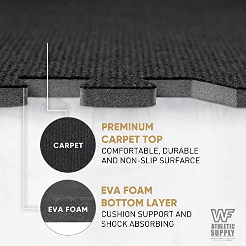 WF Athletic Supply Carpet Top EVA Foam Floor Tiles, Black Carpet Texture Surface Puzzle Interlocking Mats for Home Gym, Kids Room & Living Room; 24-inch x 24-inch x 12-mm per Tile