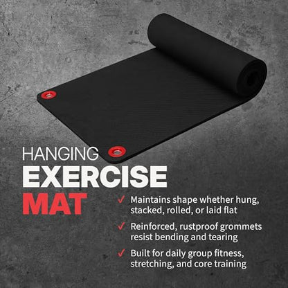 SPRI Hanging Exercise Mats for Gyms, Closed-Cell Foam Yoga & Fitness Mats with Grommets, Thick Workout Mats for Studios & Group Fitness Classes, Wall Rack Mat Holder Storage, Black - style: 56” x 23" x 5/8" - 6 Pack w/Rack