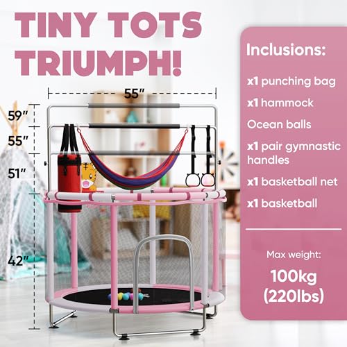 55" Toddler Trampoline for Kids Ages 3–8 – Indoor & Outdoor Kids Trampoline Anti-Tilt Frame, Adjustable Gym Bar, Basketball Hoop, Ocean Balls, Boxing Bag, Hammock & Boxing Gloves