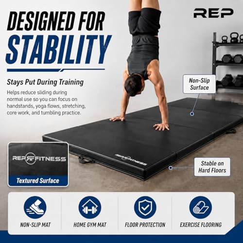 REP Fitness Folding Gym Mat, 4-Fold Design, Non-Slip Durable Exercise Mat for Home Workouts, Yoga, Tumbling, Stretching, and Floor Protection, Padded Gymnasium or Gymnastics Pad, 4’x8’, 2.5" Thick
