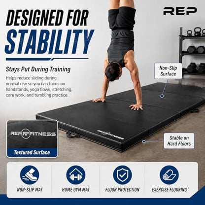 REP Fitness Folding Gym Mat, 4-Fold Design, Non-Slip Durable Exercise Mat for Home Workouts, Yoga, Tumbling, Stretching, and Floor Protection, Padded Gymnasium or Gymnastics Pad, 4’x8’, 2.5" Thick
