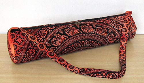 INDIAN CRAFT CASTLE ICC Yoga Mat Bag Carrier Full-Zip Exercise Yoga Mat Carry Bag for Women Men with Multi-Functional Storage Pockets and Adjustable Shoulder Strap 26X6 Inches - style: Red Elephant Flower