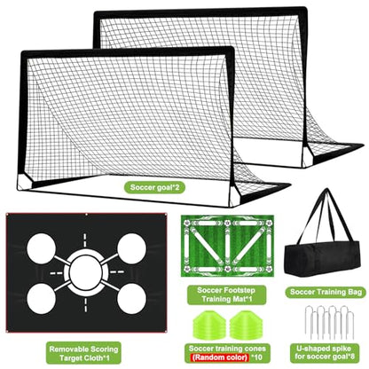 6x4 FT Kids Soccer Goals for Backyard - 2 Pack Soccer Nets, Portable Pop Up Goal Set with Training Mat, Cones, Target & Ball - Soccer Training Equipment Gift for Boys/Girls Ages 3-12